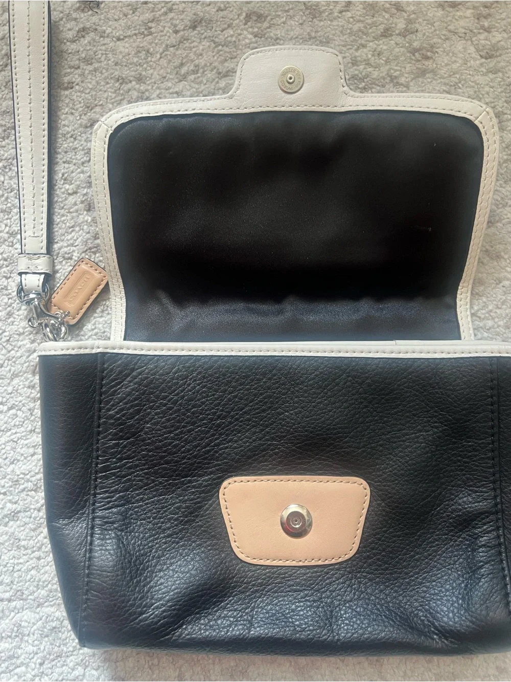 Coach Black Leather Wristlet with White Trim and Tan Accent